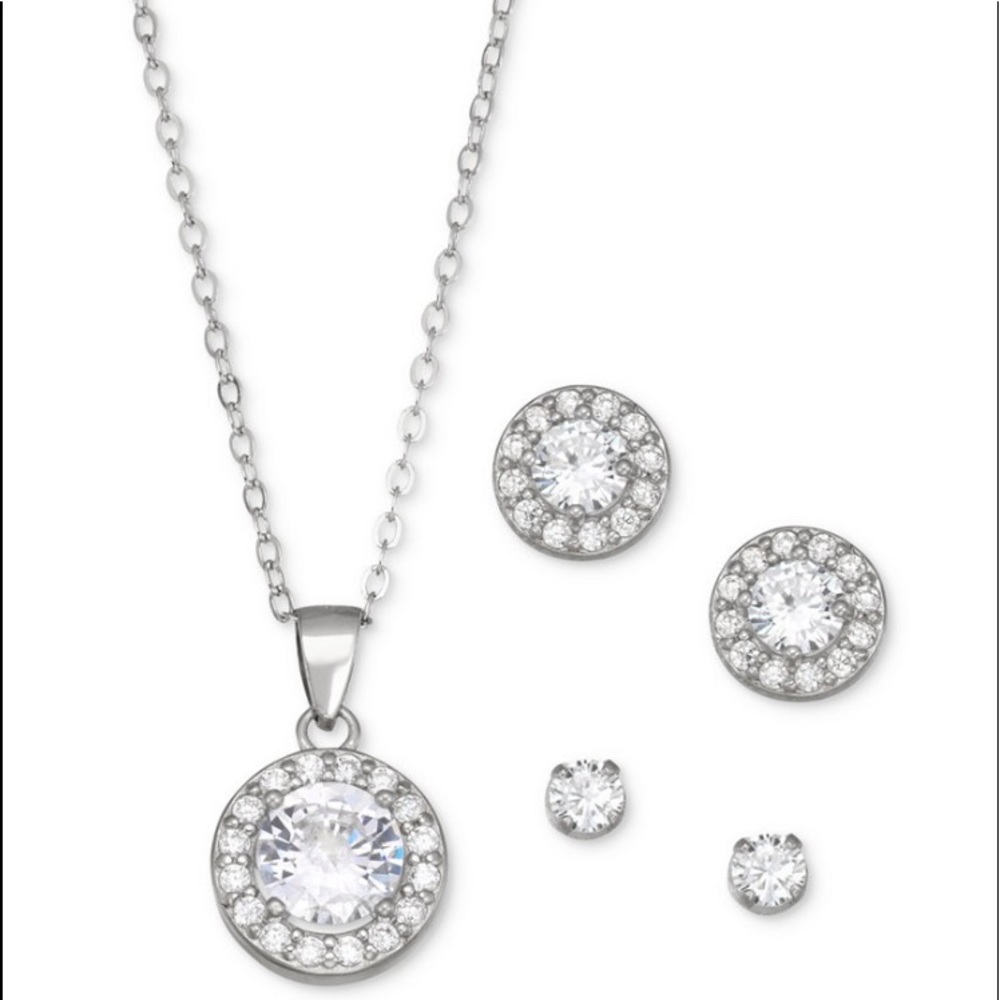 Cubic Zirconia 3pc Set Pendant Necklace & Stud Earrings